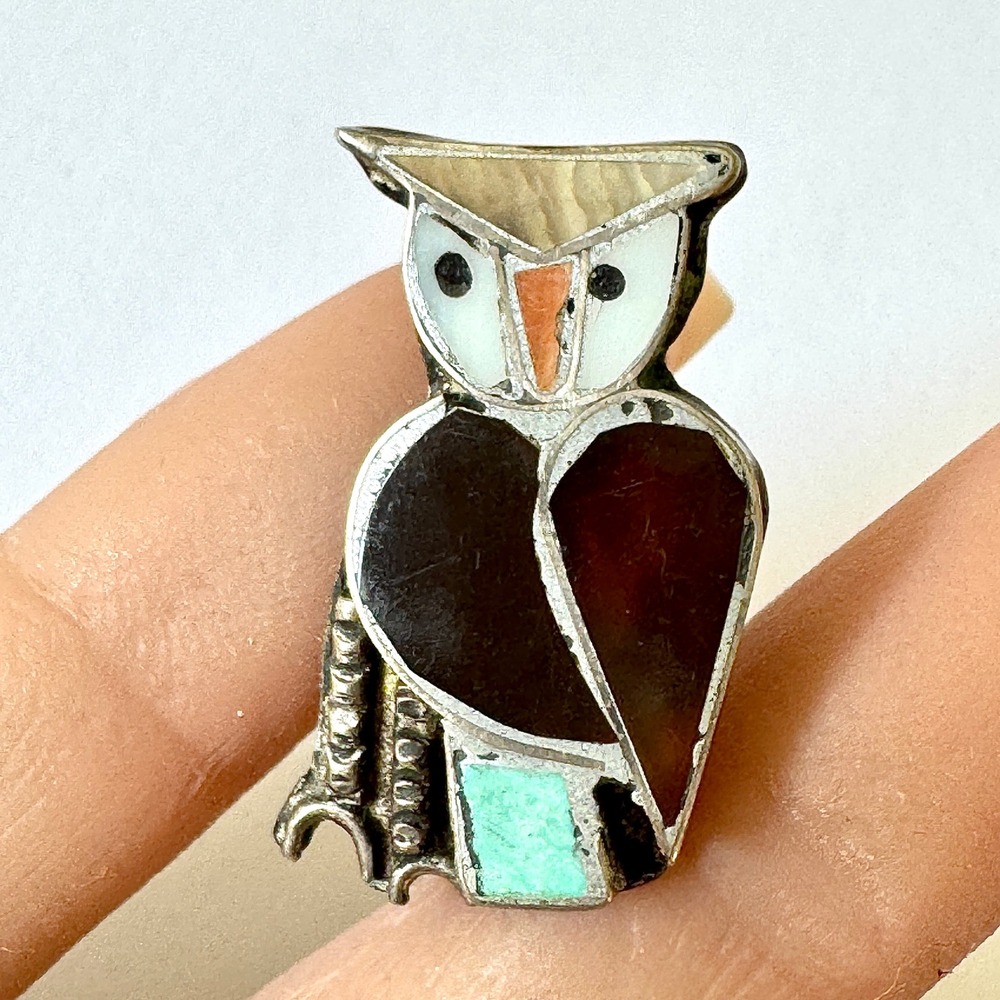 VTG Zuni Horned Owl Pin Sterling Turquoise Inlay Brooch Native Bird